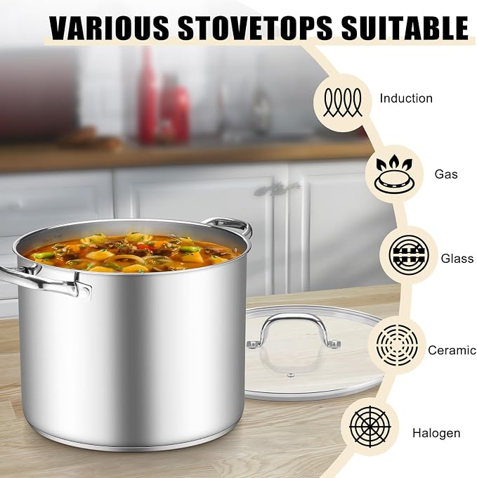 TeamFar Stainless Steel Stock Pot, 16QT Tri-ply Bottom Large Stockpot | Cooking Soup Pot with Lid, for Induction Gas Electric Glass Tops, Non Toxic & Sturdy, Straight Side & Various Stovetops Safe