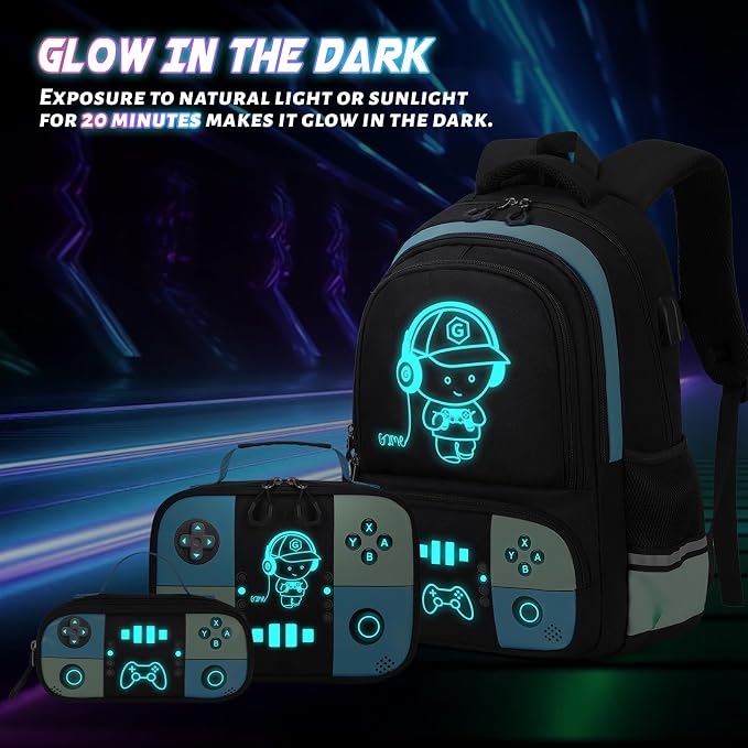 Backpack for School Boys, Cool Luminous Gamer Boys Schoolbag | with Lunch Box & Pencil Case Set for Kids Teens Elementary Middle School, Bookbag Glow In The Dark