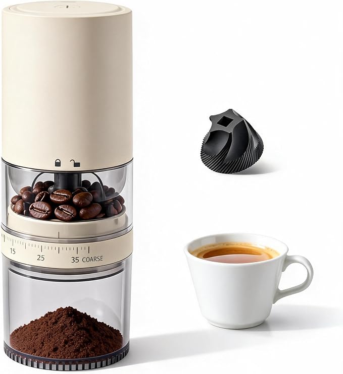 LAMIDO Portable Electric Burr Coffee Grinder - Grind While Charging - Visual Bean Hopper - 38 External Grind Settings - 1.8X Faster Grinding - 2000 mAh Battery for Travel, Camping (Light Beige, E97T)
