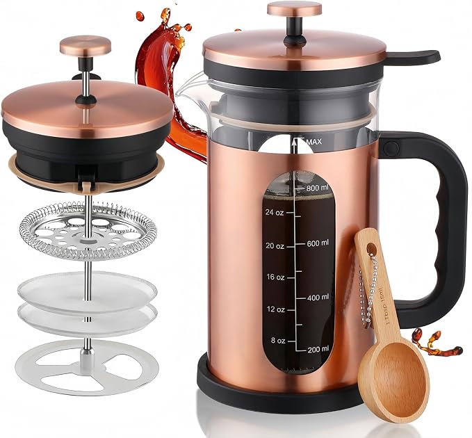 French Press Coffee Maker 34oz, 1000ml Borosilicate Glass Stainless Steel Coffee Brewer with Reusable Filters Portable Coffee Press for Kitchen Travel Camping