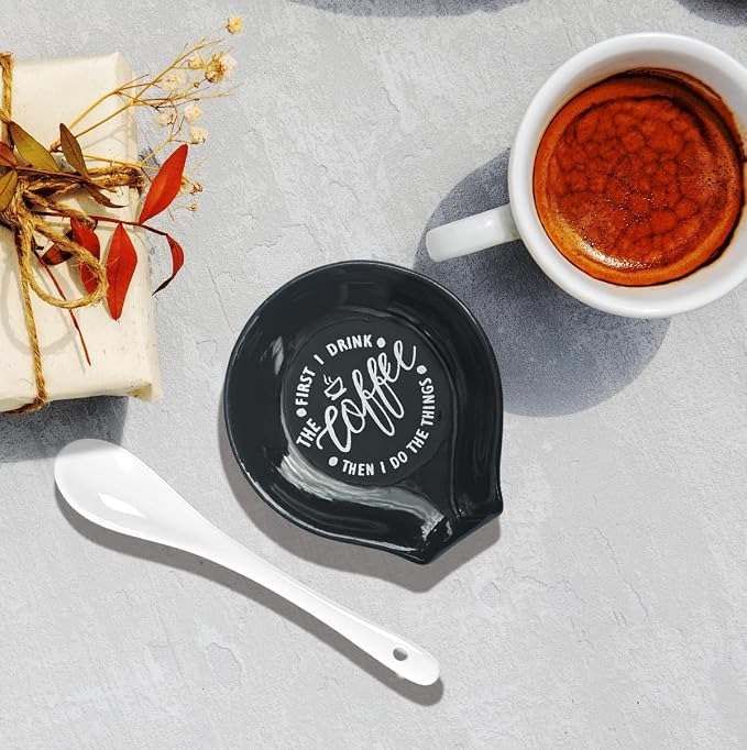 Littlefa Black Coffee Spoon Rest Holder-Coffee Bar Accessories | Funny Ceramic Coffee Spoon Rest for Coffee Bar Accessories Essentials, Coffee Lovers Gifts, But First I Drink Sign