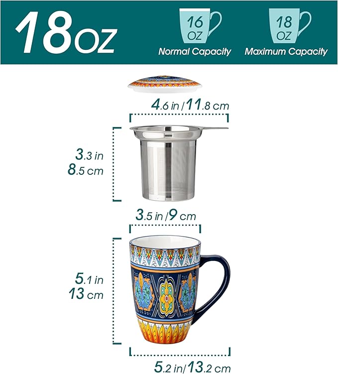 vancasso 18 Oz Tea Infuser Mug with Lid, Forest Daisy Drift | Eye-Catching Bohemian Pattern, Adds Charm to Any Tea Corner, Ceramic Mug with Infuser, Microwave and Dishwasher Safe