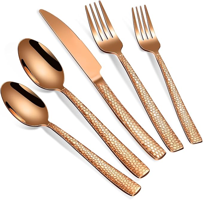 Remoxye 20-Piece Rose Gold Hammered Stainless Steel Flatware Set for 4, Including Fork, Knife, Spoon Set, Home Kitchen Cutlery Sets, Dishwasher Safe