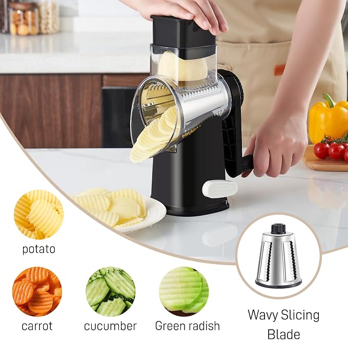 Weltonhm 4 in 1 Large Rotary Cheese Grater Hand Crank (Black 4 Graters) | Cheese Shredder Rotary and Slicer with 4 Stainless Steel Blades for Vegetables, Veggie and Cheese, Stronger Suction Base