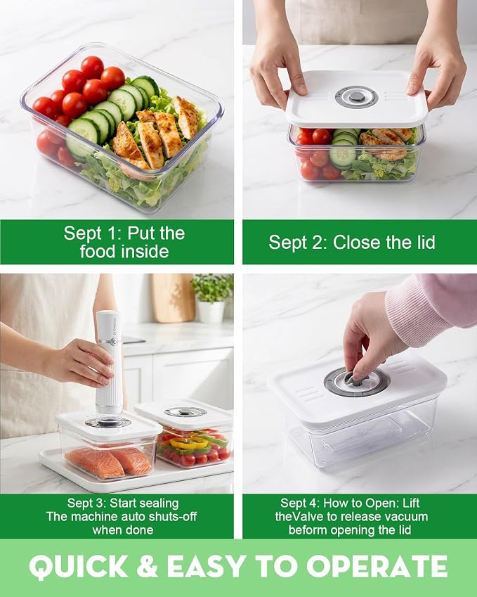Compact Vacuum Sealer with 3 Vacuum Containers and 14 Reusable Vacuum Bags | Powerful 60 kPa Suction, 6X Preservation & Fresh, Visible Water Tank, Ideal for Meal Prep, Durable Polycarbonate Containers