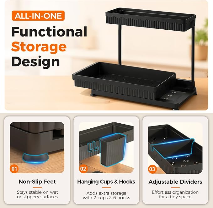 3-Pack 2-Tier L-Shaped Under Sink Organizers with Sliding Drawers | Multi-use kitchen & bathroom storage, 12.85 inch black cabinet organizer, space-saving sliding drawer design.