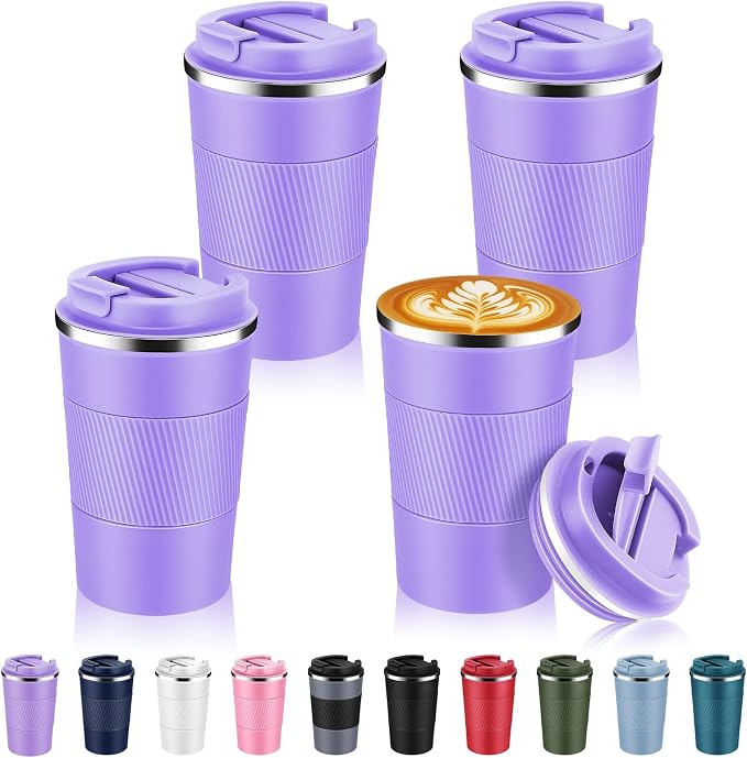 Volhoply 13 oz Stainless Steel Insulated Travel Coffee Mug with Fip Lid Bulk 4 Pack,Reusable Double Wall Vacuum Metal Coffee Cup,Portable Leak Proof Thermal Tumbler for Hot & Cold Drinks(Purple,4)