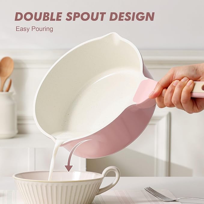 SENSARTE Ceramic Nonstick Saucepan with Double Pouring Spout, 3QT, Pink | Cooking Pot with Stay Cool Handle, Induction Compatible, Ceramic Coating, PFOA/PFAS/PTFE Free