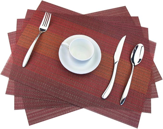 Placemats Washable Easy to Clean PVC Placemat for Kitchen Table Heat-resistand Woven Vinyl Hard Table Mats 12x18 inches Set of 4 (Red)