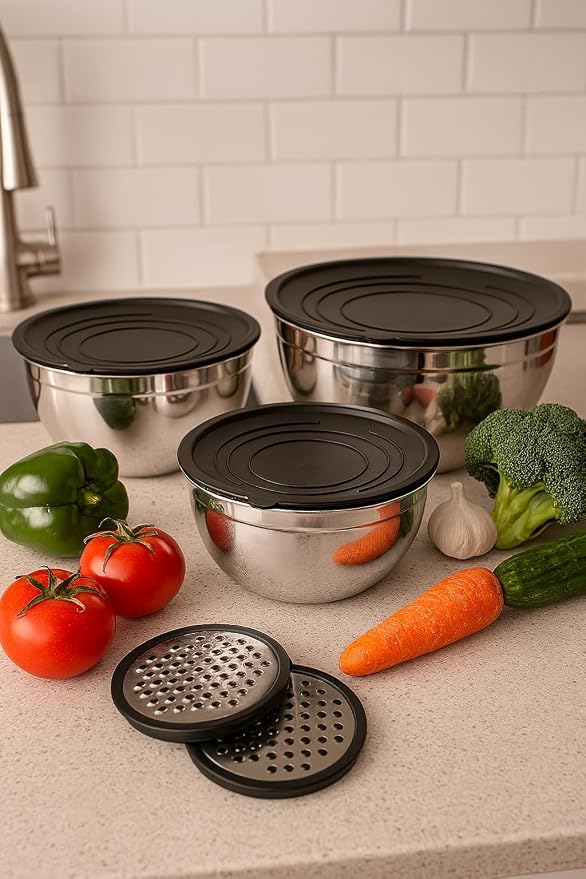 serenk Stainless Steel 9-piece Mixing Bowl Set with Airtight Lids, Nesting Bowls with 2 Graters, Non-slip Silicone Base, Dishwasher Safe, Size 1.42, 2.85, 4.86 QT for Food Storage, Black