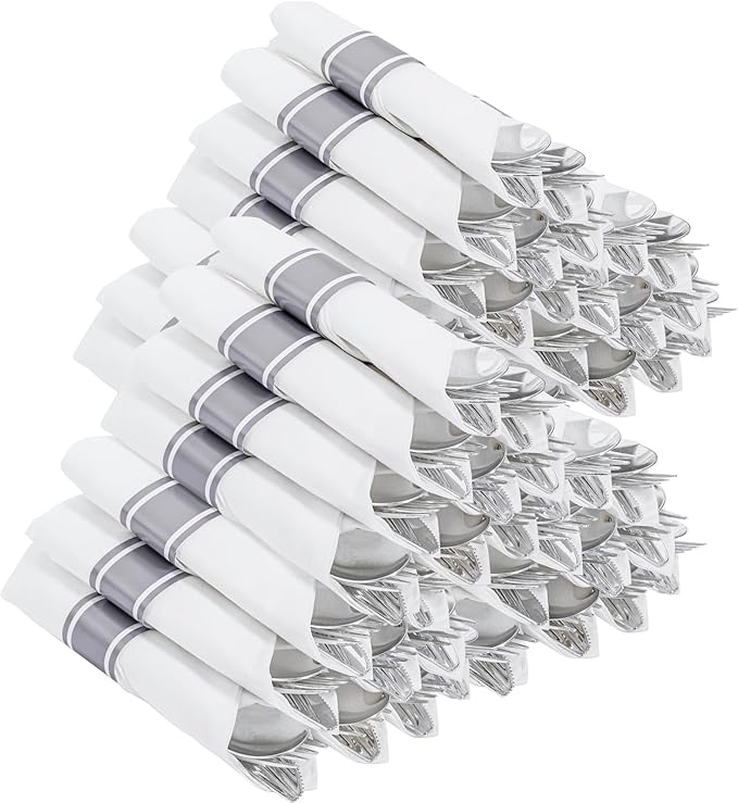 400PCS Pre Rolled Silver Plastic Silverware Heavy Duty for Wedding | Individually Wrapped Utensils, 100 Pack, Durable and Sturdy, BPA free, Include Matching napkins, For Parties, Catered Events