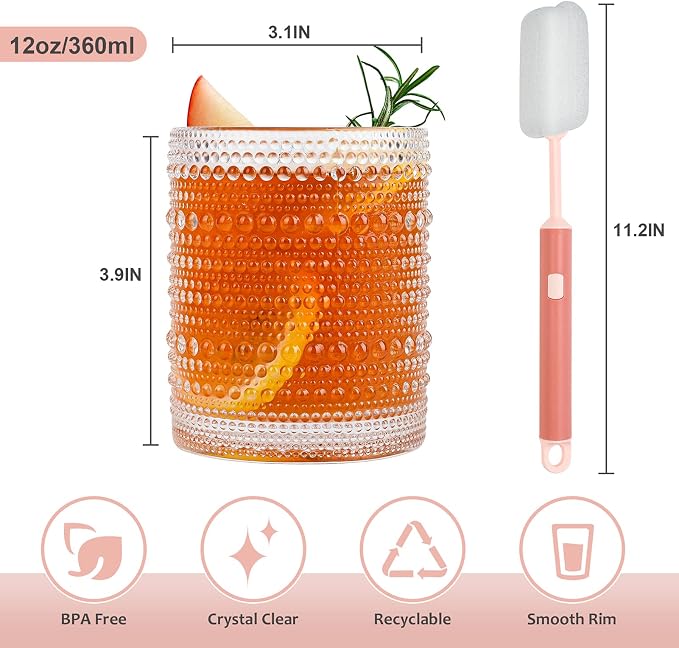 ZMOWIPDL Drinking Glasses Set of 6,12oz Clear Hobnail Glass Cups | Vintage Glassware，Embossed Water Tumbler,for Beer,Cocktail,Whiskey,Juice and Various Mixed Drinks- 1 Cleaning Brush