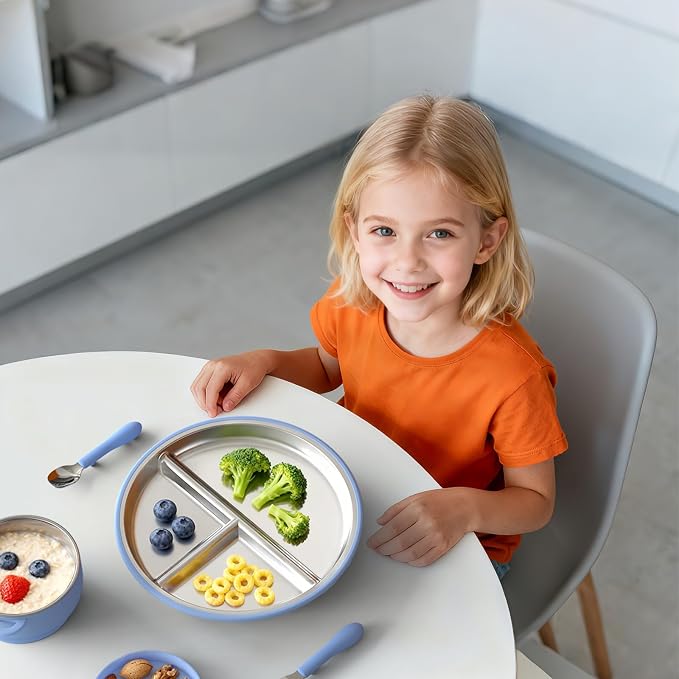 Bakpoco Stainless Steel Suction Plates for Toddlers, 9" Divided Kids Baby Plates with Removable Silicone Suction, Non Toxic Non Slip Portion Control Snack Dishes 4 Packs, Blue Gray Navy Sage