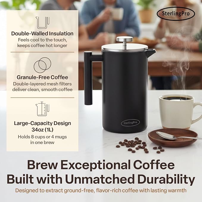 SterlingPro Small Insulated Stainless Steel French Press Coffee Maker 34oz – Insulated Metal Double Wall Coffee Maker | Plastic Free | Cool-Touch | Black Finish | Makes up to 8 Cups / 4 Mugs