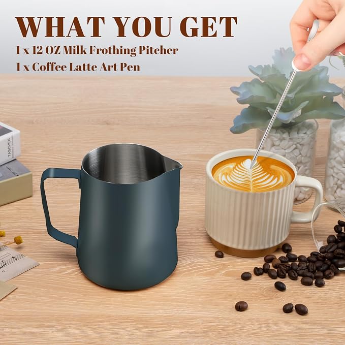 Amrules Milk Frothing Pitcher, 12 oz Milk Frother Cup with Clear Scale, 304 Stainless Steel Cappuccino Espresso Machine Accessories for Barista Coffee Bar with Latte Art Pen, Blue