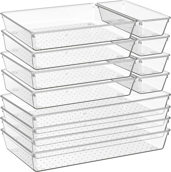 12 Pack Large Clear Plastic Drawer Organizer Trays | MULTI-USE Acrylic Drawer Storage for Kitchen, Bathroom, Makeup, Office, School, Undies | College Dorm Room, Home Apartment Essentials