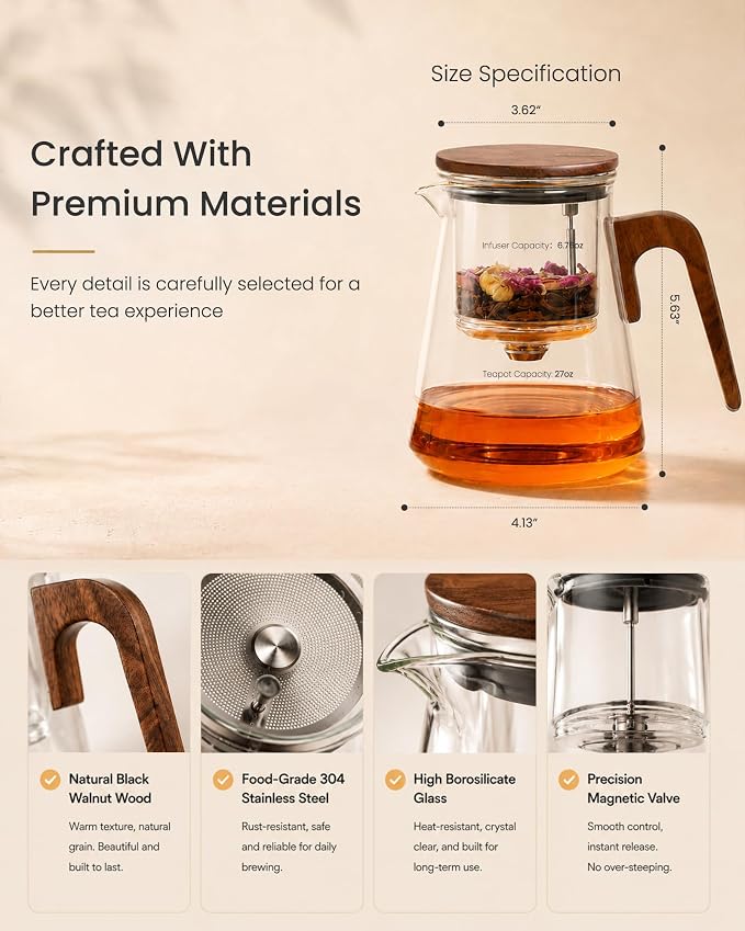 ZENS Magnetic Glass Infuser Teapot for Loose Tea, 27oz Walnut Wood Handle | Magic Teapot with Infuser, Echanted Tea Maker, Mess-Free Loose Leaf Tea Diffusers for Tea lover Gifts