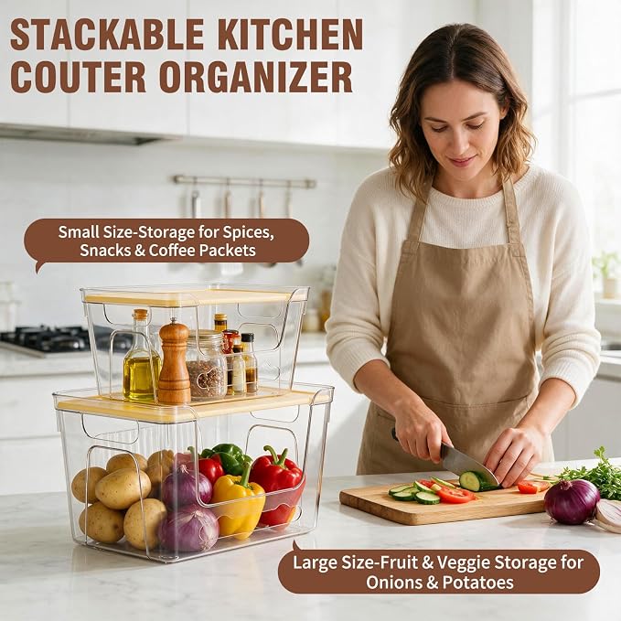 ONEDONE Pantry Organizers and Storage - 2 Set Potato and Onion Storage Bin | Stackable Trash Bag Dispenser,Clear Storage Bins for Onion Potato Fruit,Garbage Bag Dispenser,Kitchen Under Sink Organizer