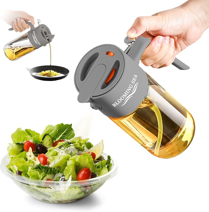 2-in-1 Oil Sprayer and Dispenser – 550ml Glass Olive Oil Bottle with Spray and Pour Modes – BPA-Free, Leakproof, Kitchen Oil Mister for Cooking, Air Fryer, BBQ (Gray)
