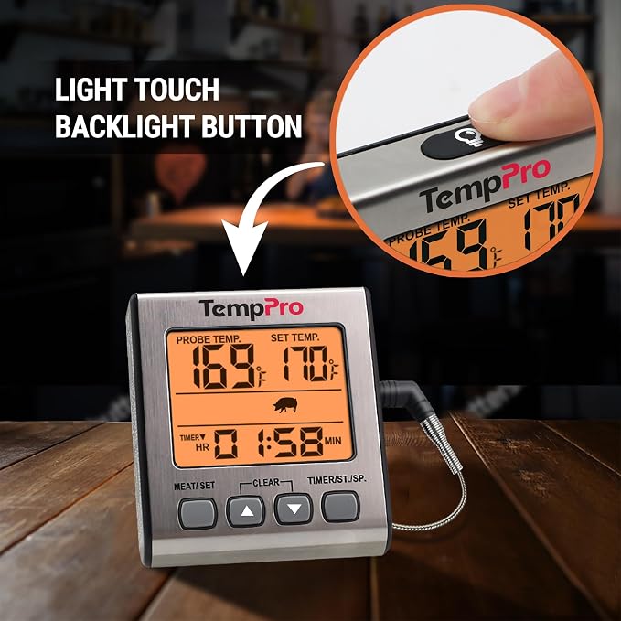 TempPro TempTrack Digital Meat Thermometer for Cooking and Grilling | BBQ Food Thermometer with Backlight and Kitchen Timer, Grill Temperature Probe Thermometer for Smoker, Oven, Baking, Oil