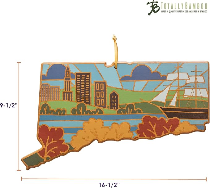 Totally Bamboo Connecticut State Shaped Cutting Board and Charcuterie Serving Platter with Artwork by Summer Stokes, Includes Hang Tie for Wall Display