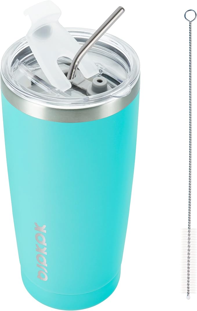 BJPKPK 20oz Coffee Tumbler with Lid & Straw, Insulated Stainless Steel Mug | Double Wall Vacuum, Keeps Hot/Cold, BPA Free, Leak Proof, Iced Coffee Cup Fit Car Holder, Travel & Beach, Turquoise