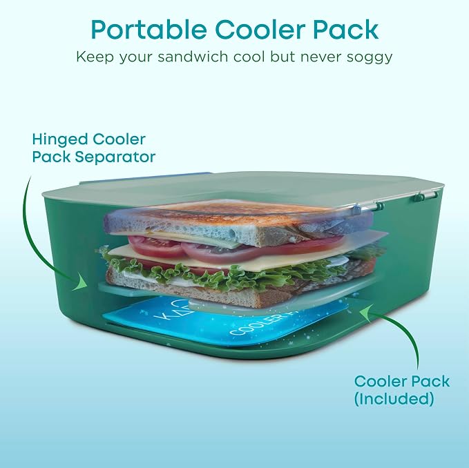 Leakproof Bento Lunch Box, 3-Compartment, Adjustable Divider, Green | 3-Compartment Design, Leakproof, Extra Large Capacity, Adjustable Divider, Includes Cooler Pack, Dishwasher Safe, Reusable