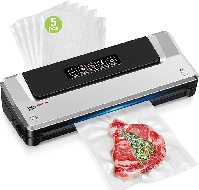 Bonsenkitchen Vacuum Sealer Machine, Multiple Modes For Meal Prep,Silver | Compact Vacuum Sealer for Kitchen Storage & Sous-Vide,External Vacuum System,6x Longer Freshness,5 Vacuum Bags