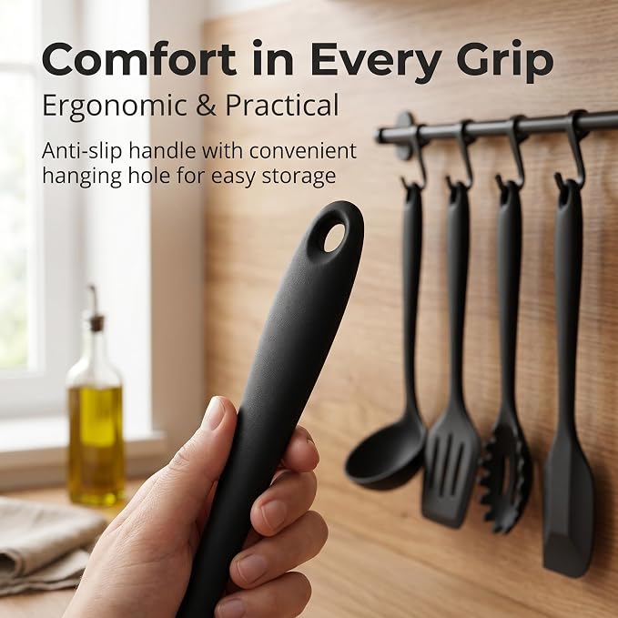 LIANYU Non-Toxic Cooking Utensils Set of 8, Silicone Black Kitchen Utensils | Healthy Kitchen Tools for Non-Stick Cookware, with Spatula & Spoon, Stainless Steel Core, Healthy & Heat Resistant