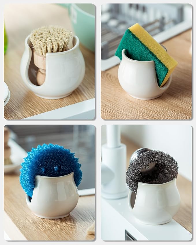 Zoeeker Sponge Holder for Kitchen Sink, Ceramic Dish Sponge Caddy | Scouring Pad Holder Kitchen Storage Accessories Brush Holder for Bathroom, Countertop, Sink, Farmhouse Kitchen Decor, White