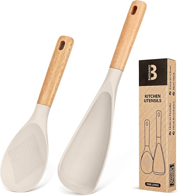 Cooking Spoon and Rice Scooper for Nonstick Cookware,Multi-function | Great for Cooking and Serving, Sturdy BPA-Free Matte Silicone, Wood Handle Spoon for Mixing, Scoop, and Scrape,9.3"+14.3"