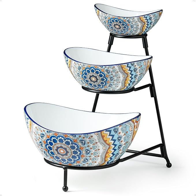 YHOSSEUN 3 Tier Serving Bowls, Serving Dishes for Entertaining Porcelain | Serving Trays and Platters Tiered Bowl Set with Collapsible Thicker Sturdier Metal Rack, Framhouse Kitchen Decor