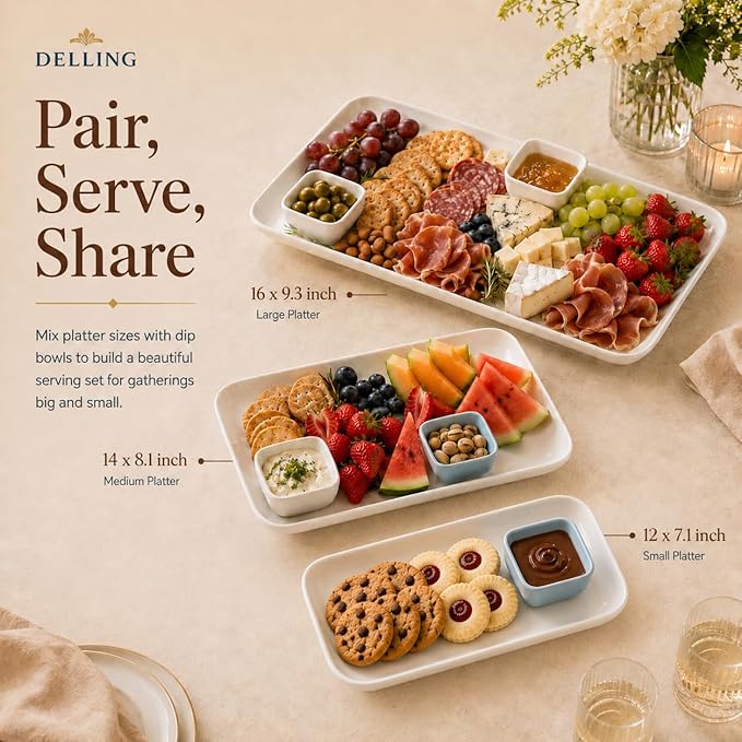 DELLING Large Serving Platter Set of 3, 16/14/12 Inch Porcelain Serving Trays for Party - White Ceramic Rectangular Platters for Entertaining, Appetizer Fruit Tray for Gethering Shower Dinner