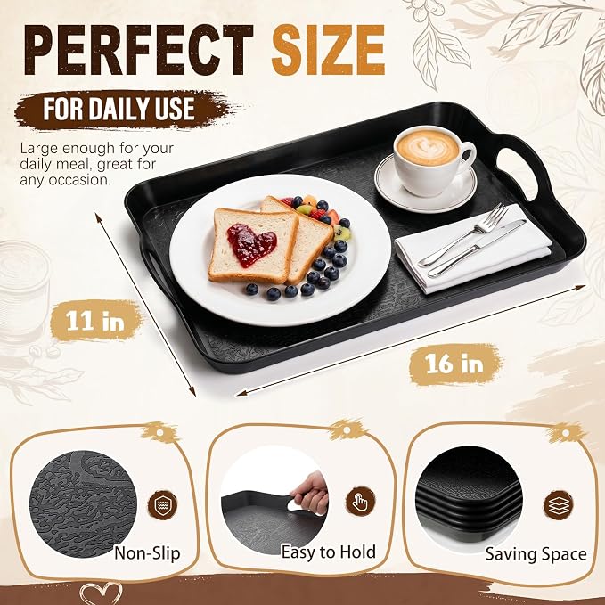 Kathfly 12 Pack 16" x 11" Serving Trays with Handles, Plastic Tray, Black | PP Material, Anti-skid Texture, Decorative Food Tray, for Restaurant, Hotel, Kitchen, Party; Not Microwave/dishwasher Safe