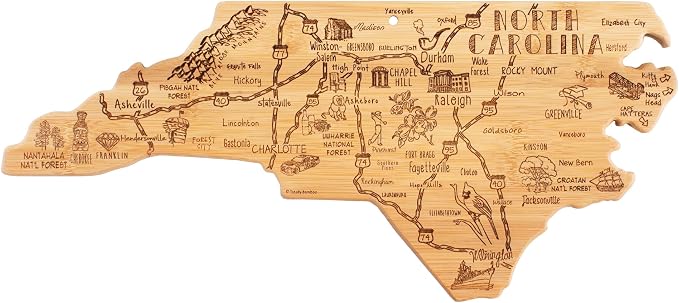 Totally Bamboo Destination North Carolina State Shaped Cutting Board | State charcuterie serving board with engraved map artwork. Smooth reverse side for food prep. Hang tie for wall display.