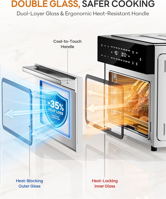 Beelicious 32QT Extra Large Air Fryer, 19-In-1 Air Fryer Toaster Oven Combo with Rotisserie and Dehydrator, Digital Convection Oven Countertop Airfryer Fit 13" Pizza, 6 Accessories, Stainless Steel