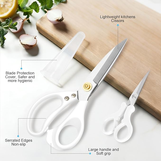 All Purpose Kitchen Scissors, Kitchen Shears Heavy Duty - Dishwasher Safe Food Scissors- Multipurpose Cooking Shears for Meat Poultry Food, Herbs, and Fish, Comfort Grip Handles, White