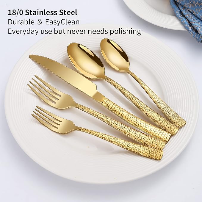Remoxye 40-Piece Silverware Set, Gold Hammered Stainless Steel Flatware Sets for 8, Food-Grade Tableware Set, Including Fork Knife Spoon Set, Durable Home Kitchen Cutlery Sets, Dishwasher Safe, RX357