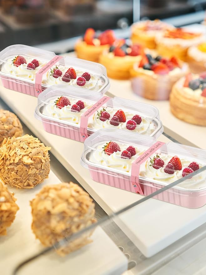 NEEBAKE 150 Pack 6.8 oz Disposable Mini Loaf Pans with Lids and Spoons - 6.5x2.5x1.2 Pink Aluminum Loaf Pans, Small Aluminum Tin Foil Baking Pan, Food Containers for Baking, Cakes, Bread, Loaves