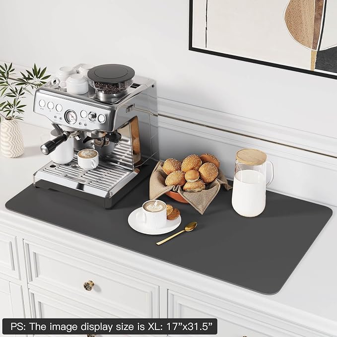DK177 Coffee Mat - Dish Drying Mat for Kitchen Counter, Hide Stain, Absorbent with Waterproof Rubber Backing, Fit Kitchen Dish Rack Bar Accessories (Dark Gray, 31.5" x 17")