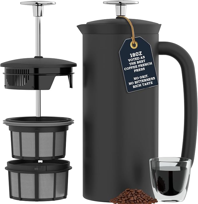 ESPRO P7 French Press, 18oz, Matte Black, Stainless Steel Coffee Maker | Double Filter Coffee Press, Grit-Free Coffee, Heat Resistant Insulated tea Press, Easy Hot and Cold Coffee Brewer, Tea Brewer