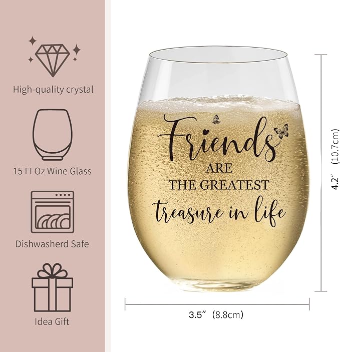 Friend Birthday Gifts for Women, 15 oz Wine Glasses, Dishwasher Safe | “Friends Are The Greatest Treasure In Life” – Scratch-Resistant Wine Glass, Best Friend Birthday Gifts for Women (Black)
