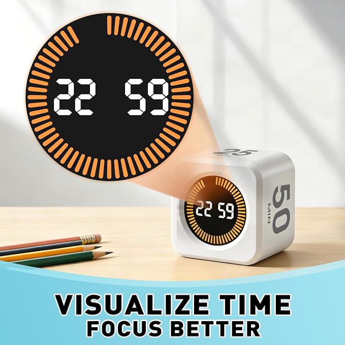 Pomodoro Timer Cube for Productivity — 5/25/10/50 Minutes Preset, Digital Gravity Sensor Desk Visual Timer for ADHD, Silent Mode, Ideal for Office, Study, Kitchen & Kids (White)