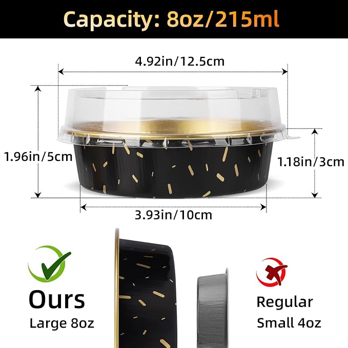 Beasea Pie Tins with Lids 8oz, 120 Pack 4 Inch Disposable Mini Creme Brulee Ramekins Gold Black Small Aluminum Foil Pie Tart Cake Baking Pans Individual Round Containers Oven Safe for Baking