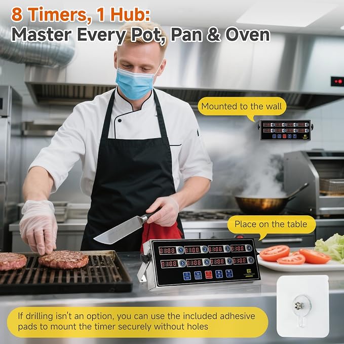 Commercial Kitchen Timer for Cooking, 8 Channel Timer Restaurant Kitchen Supplies, Heavy-Duty Timer - Stainless Steel | Digital LED Technology | Reminder Function | Loud Alarm