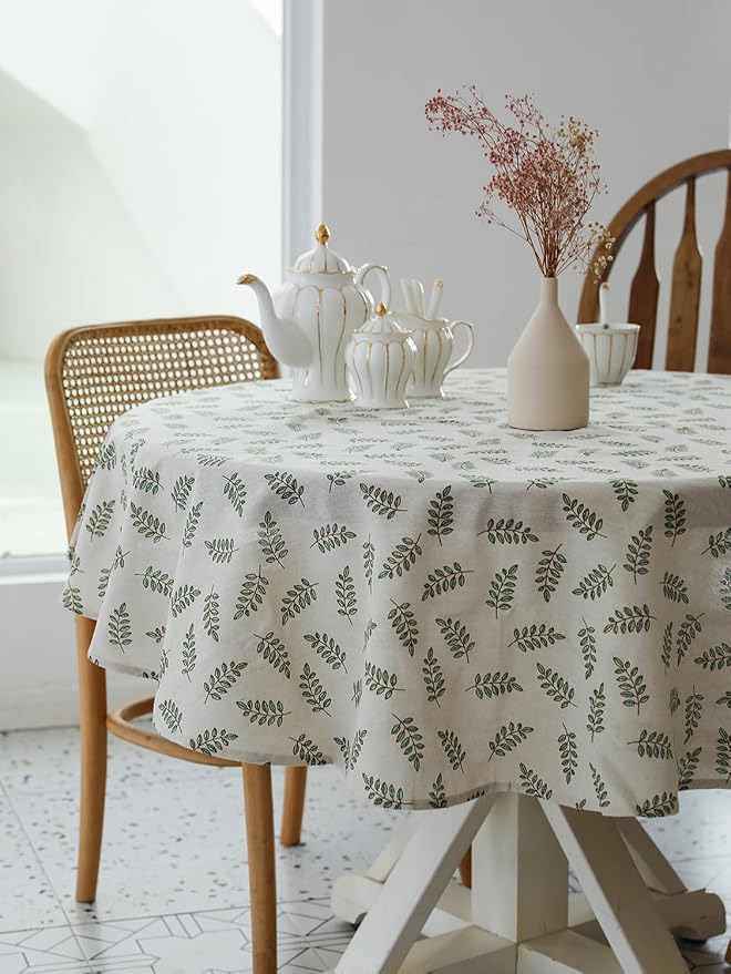 Pastoral Round Tablecloth - 60 Inch Dia. Table Cloth - Washable Table Cover with Dust-Proof Wrinkle Resistant for Restaurant, Picnic, Bistro, Indoor and Outdoor Dining, Green Leaf