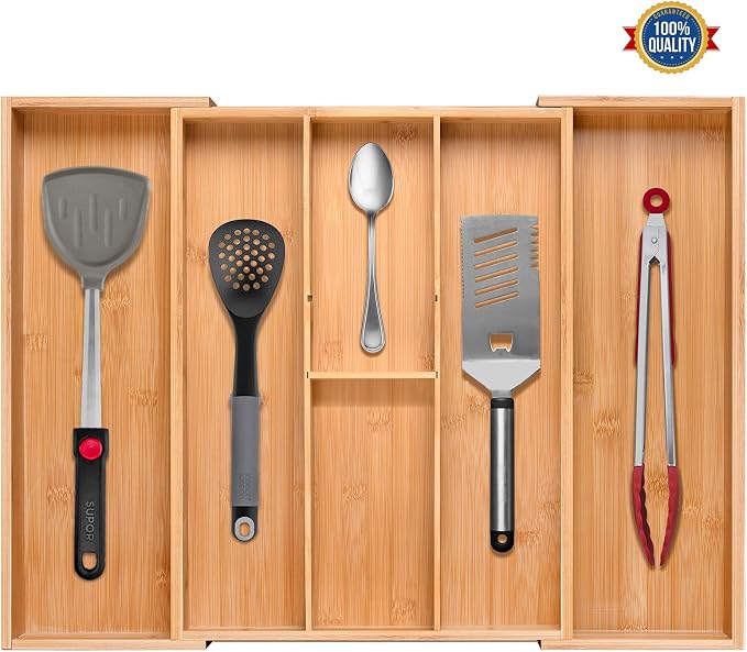guiogc Bamboo Silverware Organizer, Expandable Kitchen Drawer Organizer and Utensil Organizer, Cutlery Tray with Drawer Dividers for Kitchen Utensils and Flatware, Bedroom, Living Room (Natural)