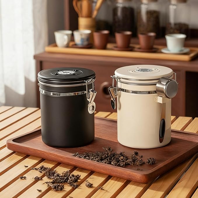Garvee 2-Pack 22oz Stainless Steel Airtight Coffee Canister, 304 Stainless Steel Food Storage Container with Date Tracker and Measuring Scoop for Coffee Beans, Tea, Sugar, Cereal - Matte Black & Beige