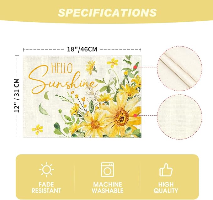 Artoid Mode Hello Sunshine Sunflower Summer Placemats Set of 4, 12x18 Inch Seasonal Spring Holiday Table Mats for Party Kitchen Dining Decoration