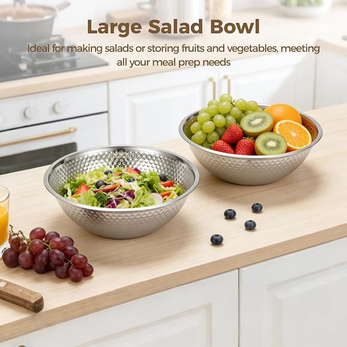 2 Pcs 13 Inch Silver Stainless Steel Salad Bowl Set, 4-Pc Utensil Set | Kitchen mixing bowls for salad, soup, prep, serving, and food storage; silver stainless steel look suits table setups